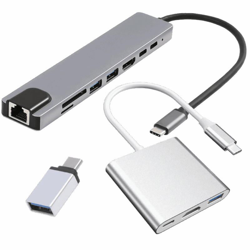 USB-C adapter til USB-A (3.0) og flere (multi) porter grå aluminium