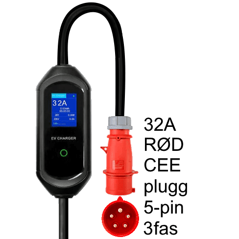 Overgang til 32A (rød) 3-fas 400V CEE portabel elbillader