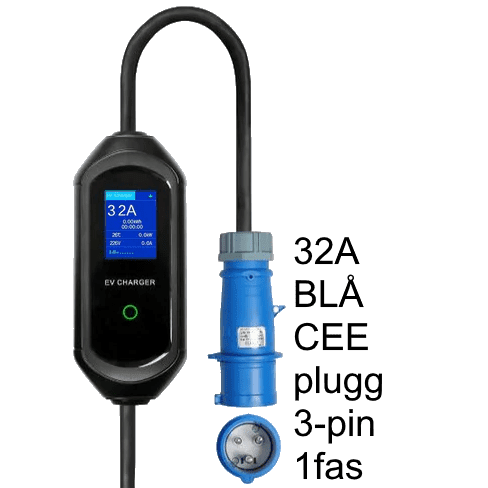 Overgang til 32A (blå) 1-fas CEE portabel elbillader