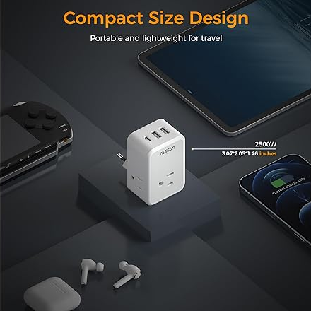 TESSAN strømplugg/adapter-US 10A med 3x230V, 2USB-A og 1USB-C - Bilde 5