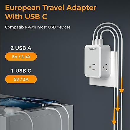 TESSAN strømplugg/adapter-US 10A med 3x230V, 2USB-A og 1USB-C - Bilde 4