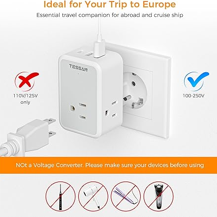 TESSAN strømplugg/adapter-US 10A med 3x230V, 2USB-A og 1USB-C - Bilde 3