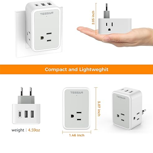TESSAN strømplugg/adapter-US 10A med 3x230V, 2USB-A og 1USB-C - Bilde 2